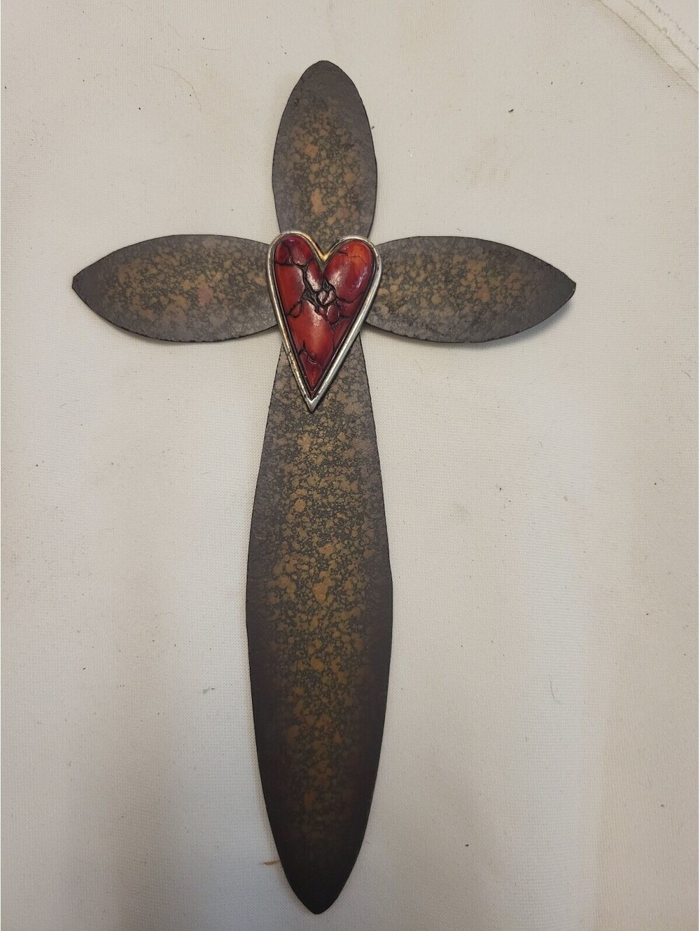 Rustic Metal 9x5"Cross Wall Decor with Red Heart Accent